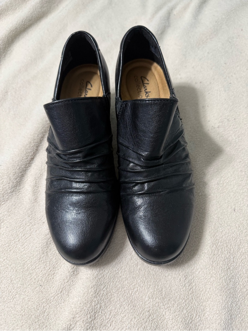 Clarks Black Leather Ankle Booties with Gathered Detail